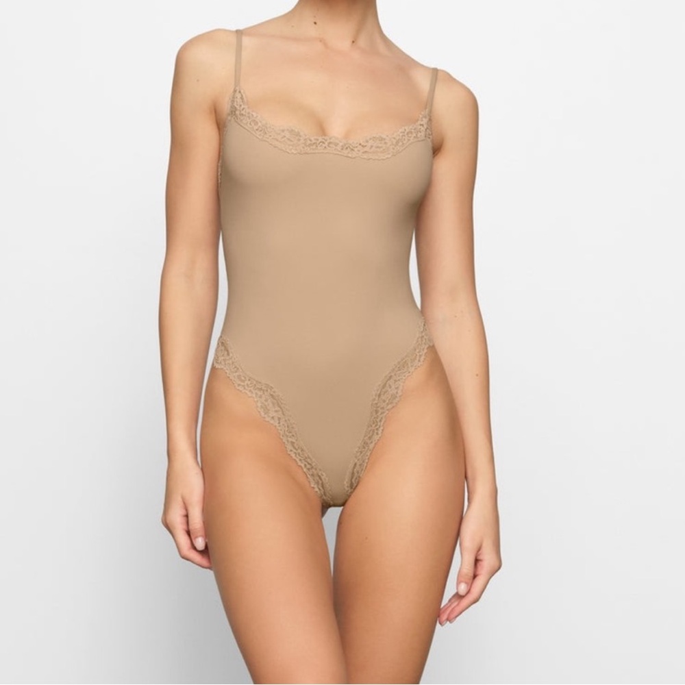 SKIMS Beige Lace-Trim Slip Bodysuit
